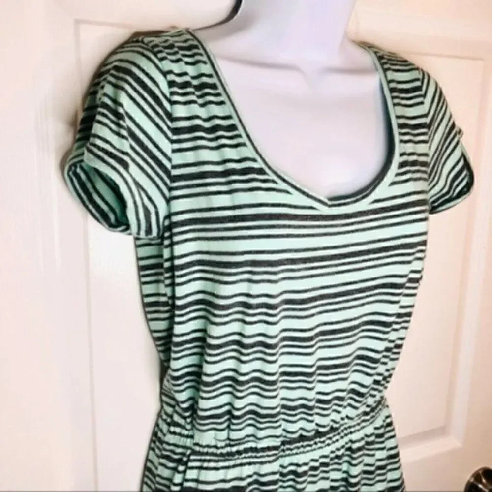 Derek Heart Mint Green Gray Stripe Cutout Back Maxi T-Shirt Dress  M